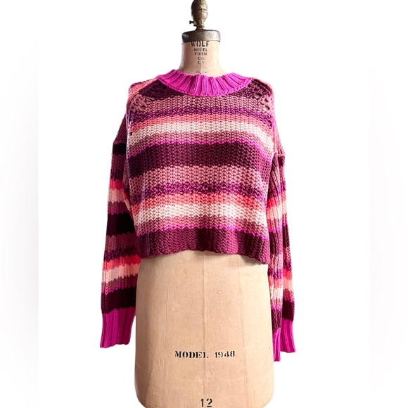 Free People Devon Cropped Knit Striped Sweater in Fuchsia Rose, Sz Sm - Picture 10 of 16